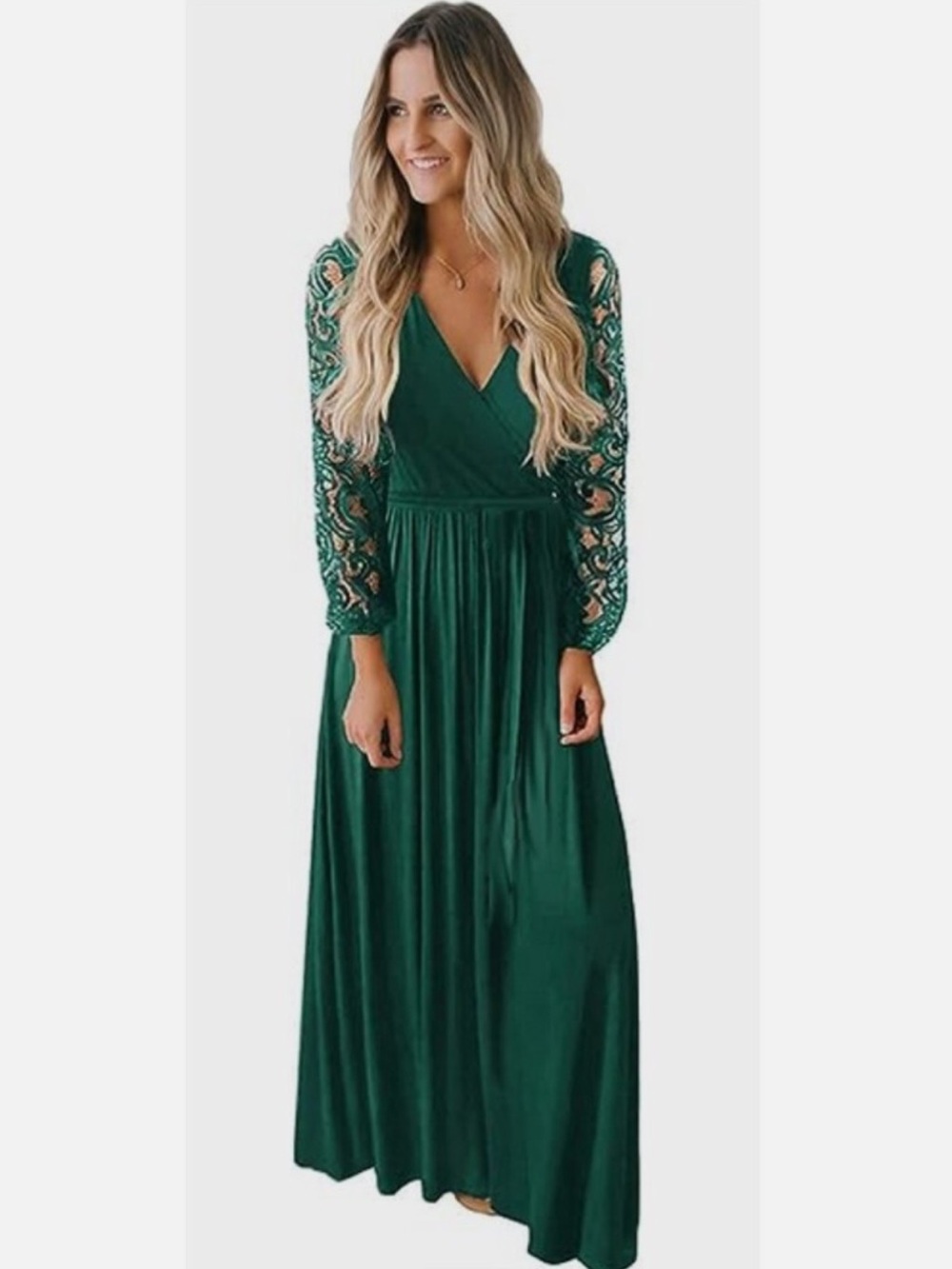 Emerald Green Lace-Sleeve Maxi Dress - Size Small